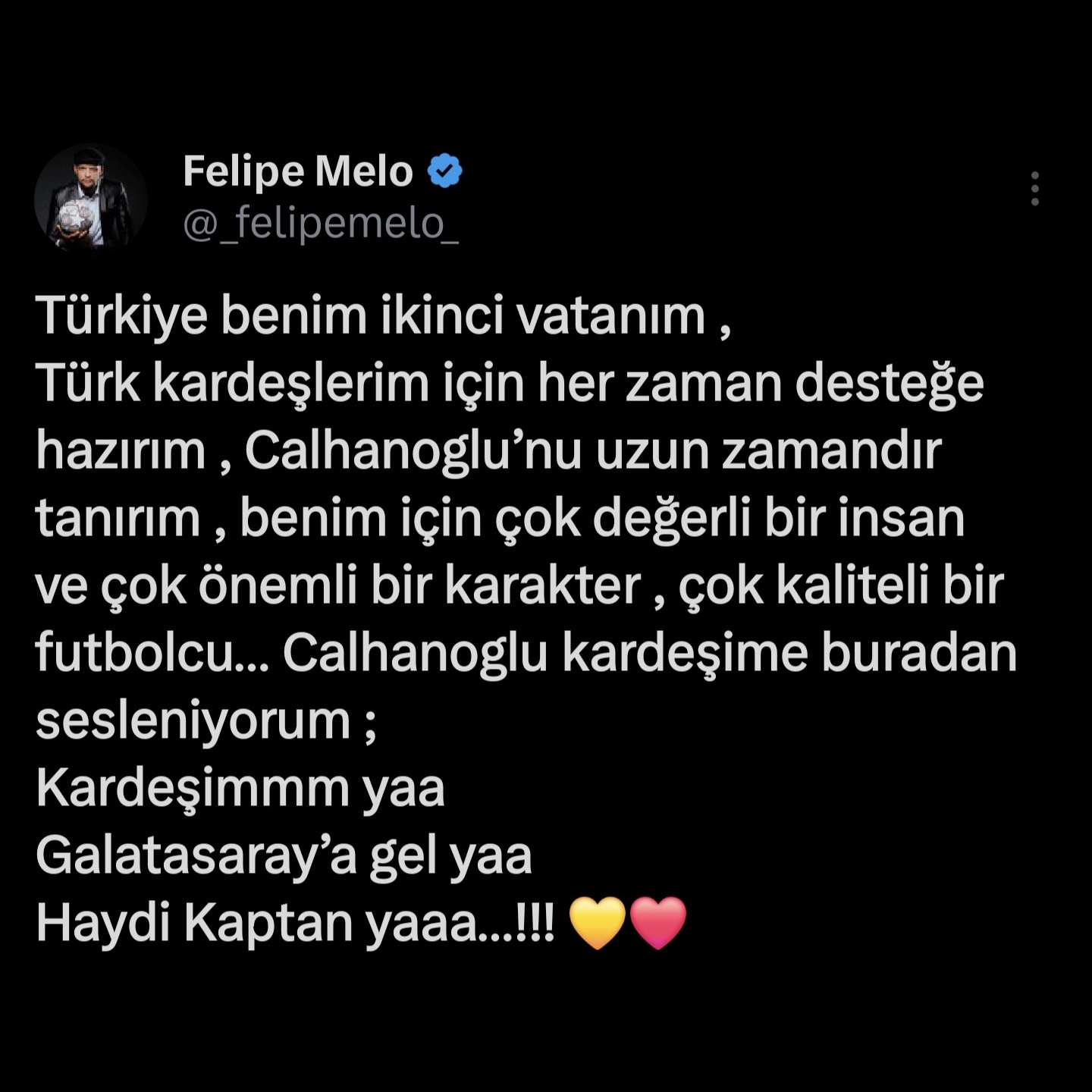 Haber on X: "Felipe Melo, Hakan Çalhanoğlu'na Galatarasaray'a transfer  olması için çağrıda bulundu. https://t.co/BmW2FCrH7Q" / X