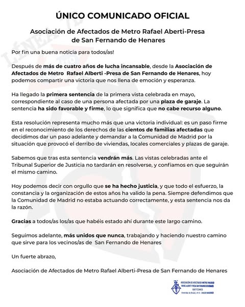 #SanFernandoDeHenares – AFECTAD@S L7B METRO
- Primera sentencia favorable para l@s afectad@s por L7B Metro
Esta es la nota oficial que nos ha remitido la Asociación de Afectado/as Presa-Alberti de San Fernando de Henares.
facebook.com/share/p/1FcJV2…

<a href="/OndaCeroCoslada/">Onda Cero Coslada</a> 102.0 FM