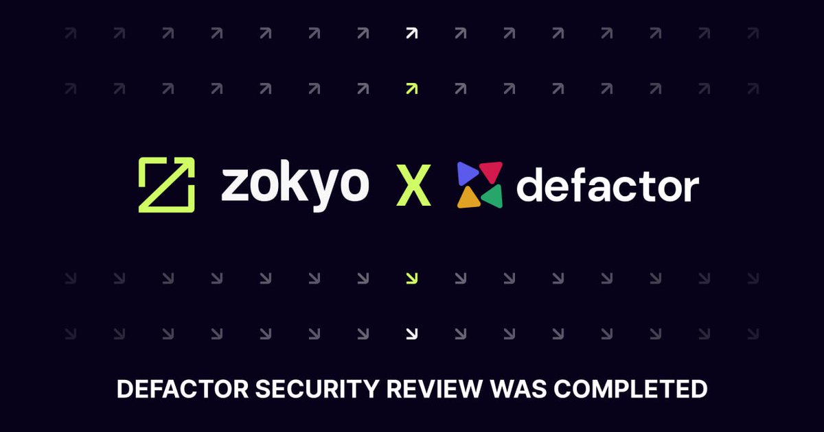 Audit Complete 🔐

We’re excited to announce that @Defactor_ has completed its smart contract audit with Zokyo!

Defactor is bridging the gap between real-world assets (RWAs) and DeFi by providing institutional-grade infrastructure for tokenizing, onboarding, and financing