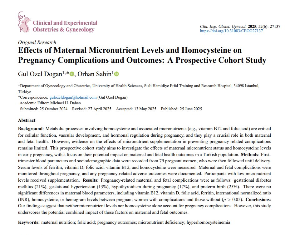 🤰💉 A prospective study in Turkey explored how early-pregnancy levels of vitamin B12, folic acid, &amp; homocysteine affect maternal &amp; fetal outcomes.
🔬 More research is needed.

✒️ Author: Gul Ozel Dogan, Orhan Sahin
🏪 Affiliation: Sisli Hamidiye Etfal Training and Research