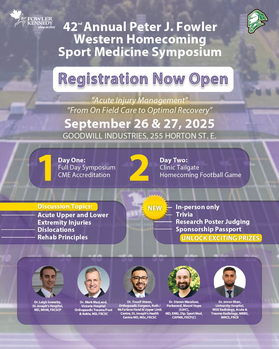 📣 Registration is OPEN for the 42nd Peter J. Fowler Sport Medicine Symposium — Sept 26 at Goodwill Industries!

🎓 Theme: Acute Injury Management
🎟 Includes FREE Western Homecoming football ticket!

Register here: fowlerkennedy.com/events/peter-j…