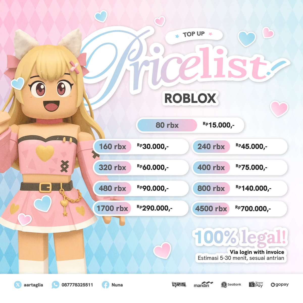 sayangi_'s tweet photo. TOP UP ROBLOX 

⭑.ᐟ  via login legal 100%
⭑.ᐟ fast proses 5-15 menit after login

#roblox #zonauang robux https://t.co/zwugsJzAzW