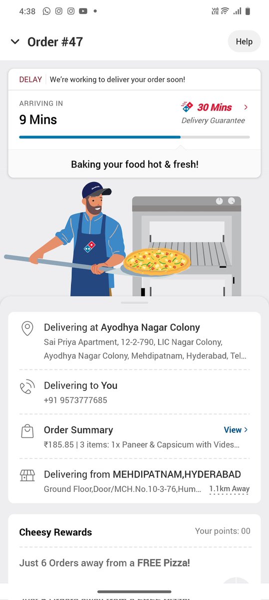 vikhyathsai11's tweet photo. It's been 30 mins and @dominos_india @dominos it's still showing 9 mins left from past 5 mins. Am I getting free pizza or a coupon of the price on Dominos pizza??? https://t.co/81tGaxctkb
