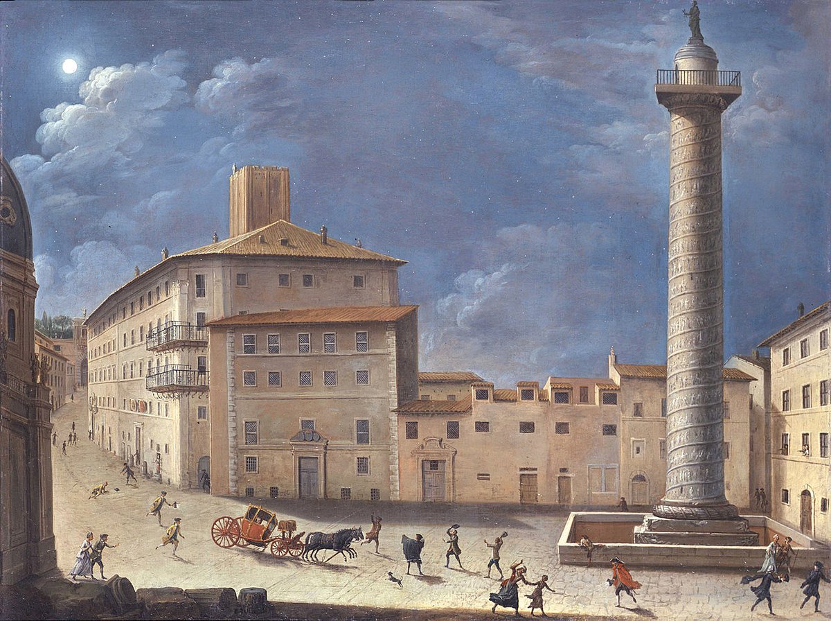 romamedieval's tweet photo. La columna de Trajano en el siglo XVIII.  Al fondo, detrás de los edificios, se puede ver la Torre delle Milizie, construida en época medieval sobre los mercados de Trajano.   
🖌️ Pintura de Giacomo van Lint (1723-1790). https://t.co/H2vReeCsnd