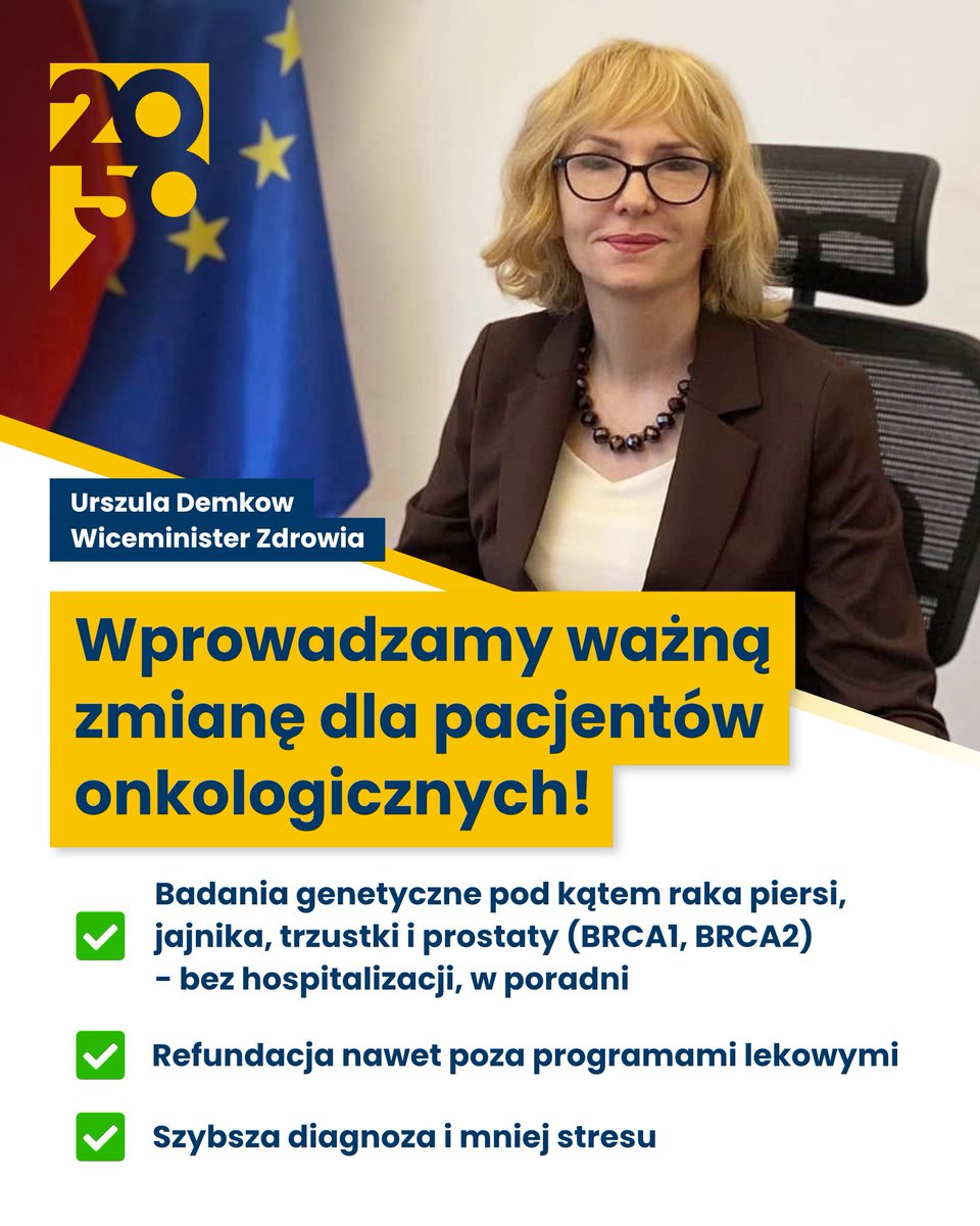 PL_2050's tweet photo. Dzięki skutecznym działaniom wiceminister Urszuli Demkow pacjenci onkologiczni zyskują szansę na szybsze, prostsze badania genetyczne - bez hospitalizacji i z pewną refundacją ✅ https://t.co/IuFgCl2lYI