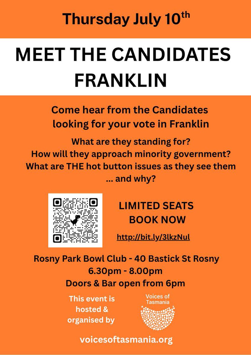 Indy4Franklin's tweet image. Come & hear from the Franklin Candidates in either of 2 Meet the Candidate events that Voices of Tasmania are hosting.
Please bring your friends to hear what the candidates are standing for and ask your questions.
See poster attached below for details and to register your place