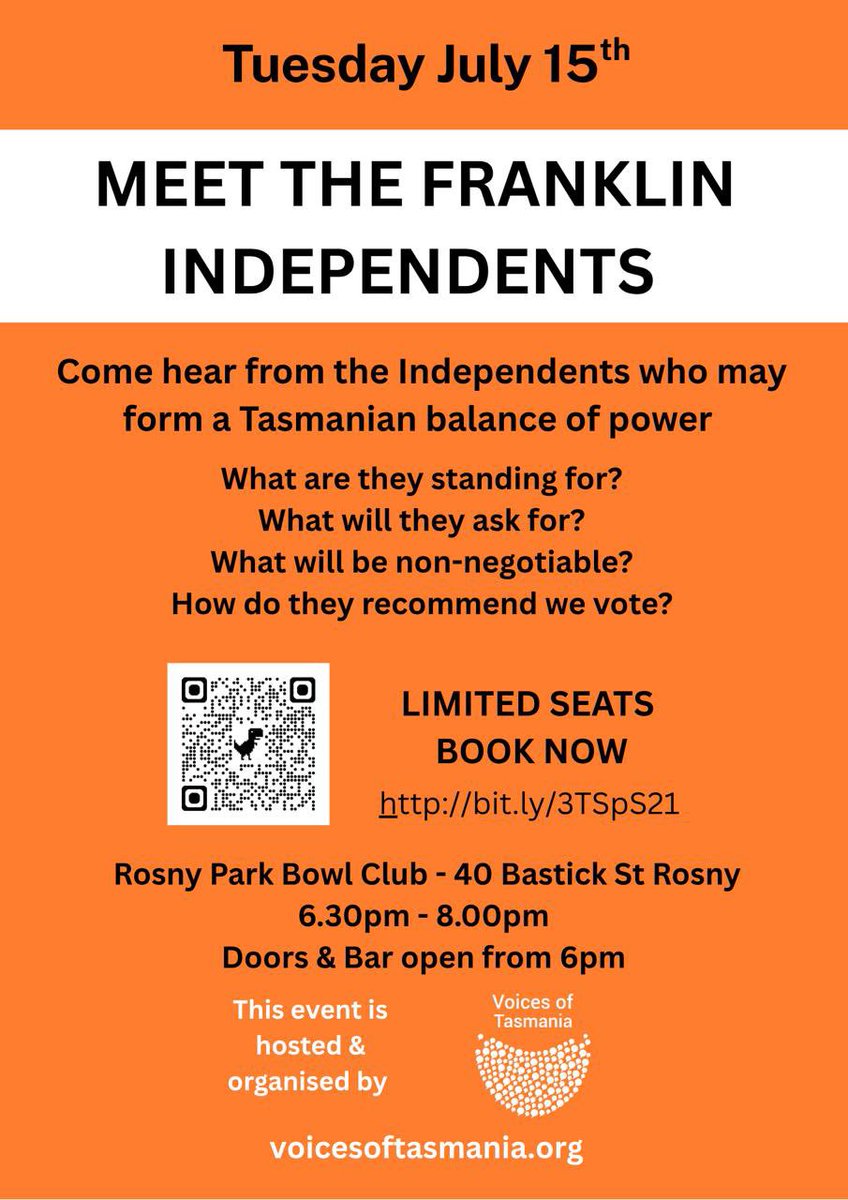 Indy4Franklin's tweet image. Come & hear from the Franklin Candidates in either of 2 Meet the Candidate events that Voices of Tasmania are hosting.
Please bring your friends to hear what the candidates are standing for and ask your questions.
See poster attached below for details and to register your place