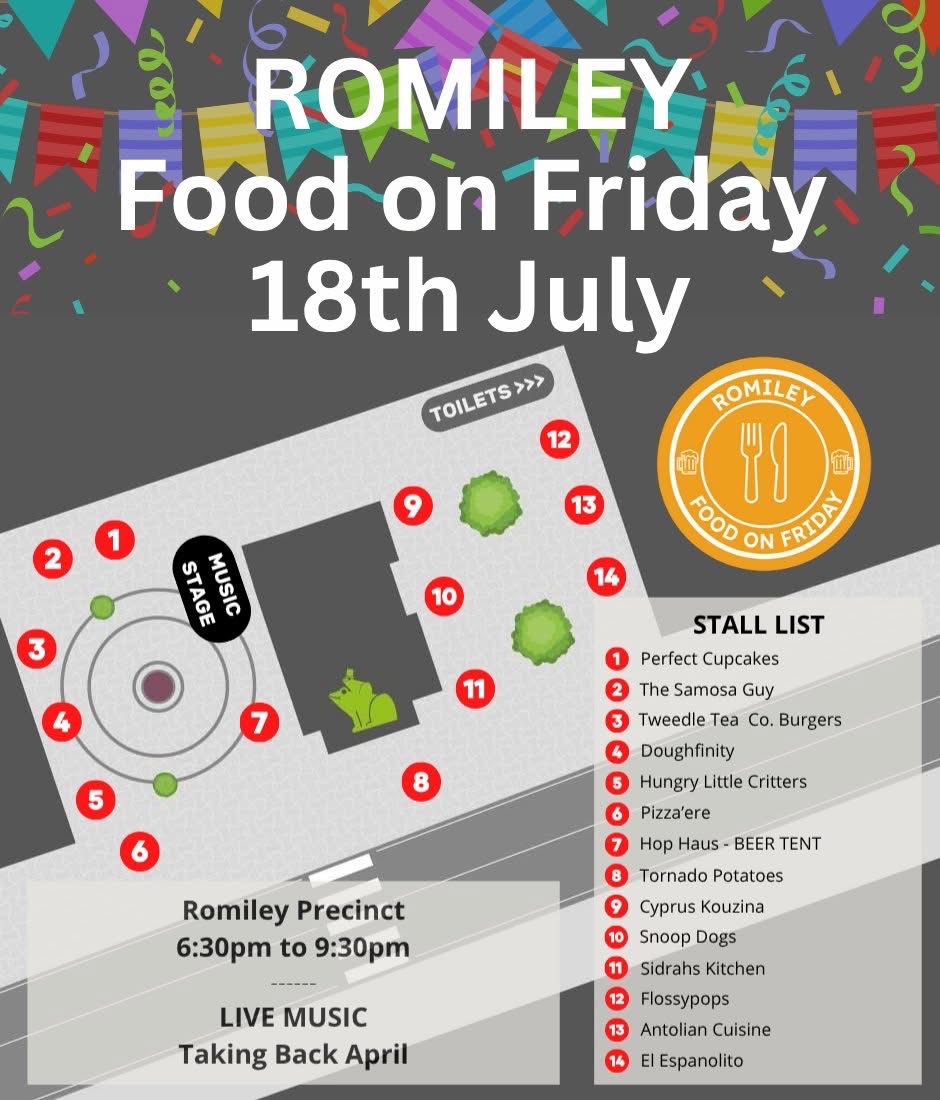 It’s the next Romiley Food On Friday on Friday 18th July.

With live music from Taking Back Aprila great selection of food stalls and local bars open it will be another excellent night!🥳