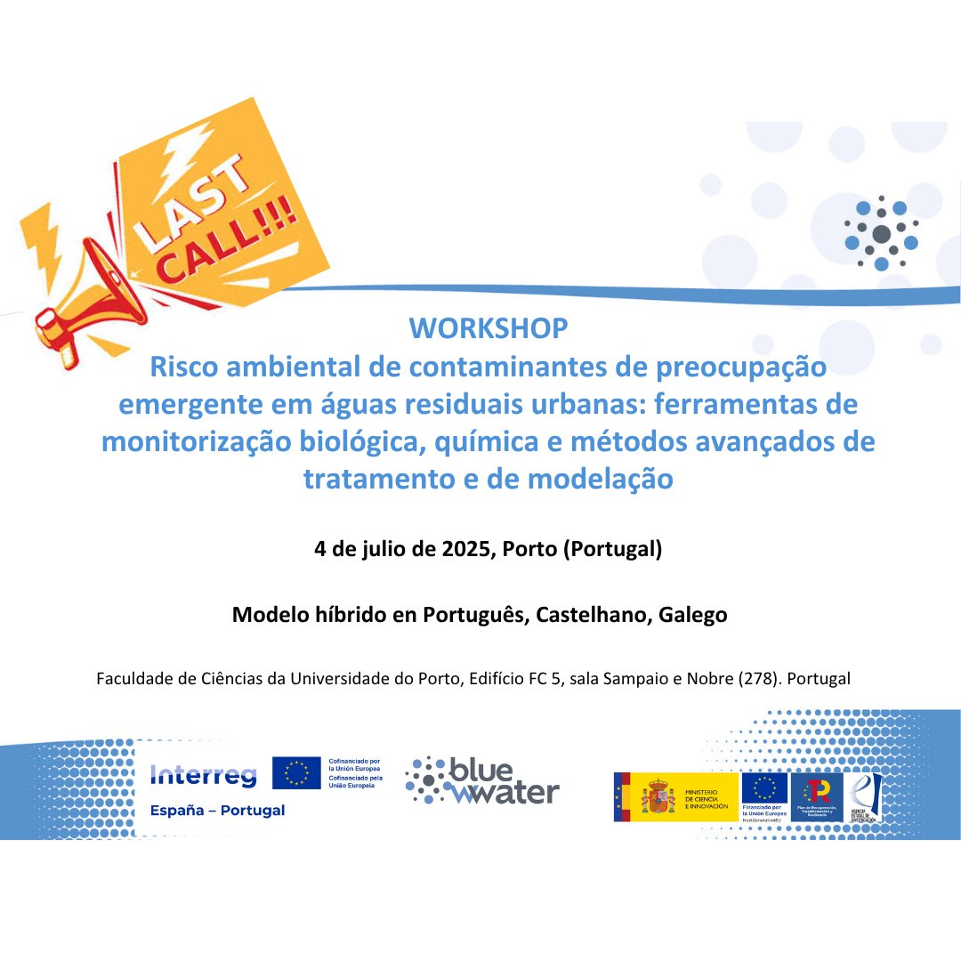 🔔 ¡Última llamada!
Este viernes 5 de julio se redifunde el workshop #BlueWWater sobre contaminantes emergentes en aguas residuales.
📝 Inscripción: docs.google.com/forms/d/e/1FAI…
🎥 Visualización online: fc-up-pt.zoom.us/j/81689345354

¡No te lo pierdas! 🌊💧#contaminantesemergentes #workshop