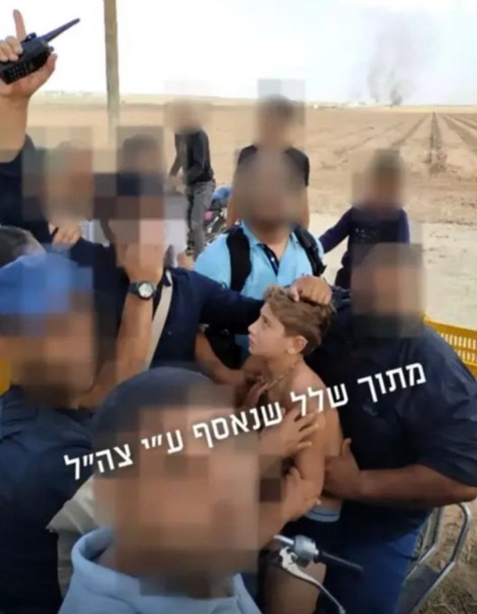 MarinaMedvin's tweet photo. On October 7, Palestinian civilians kidnapped this 12 year old Israeli boy and brought him back to Gaza, where he was beaten and tortured. His father was also taken on the same day. Yagil was returned alive but his father was brought back to be buried.

No one in Gaza helped him. No one showed him kindness.