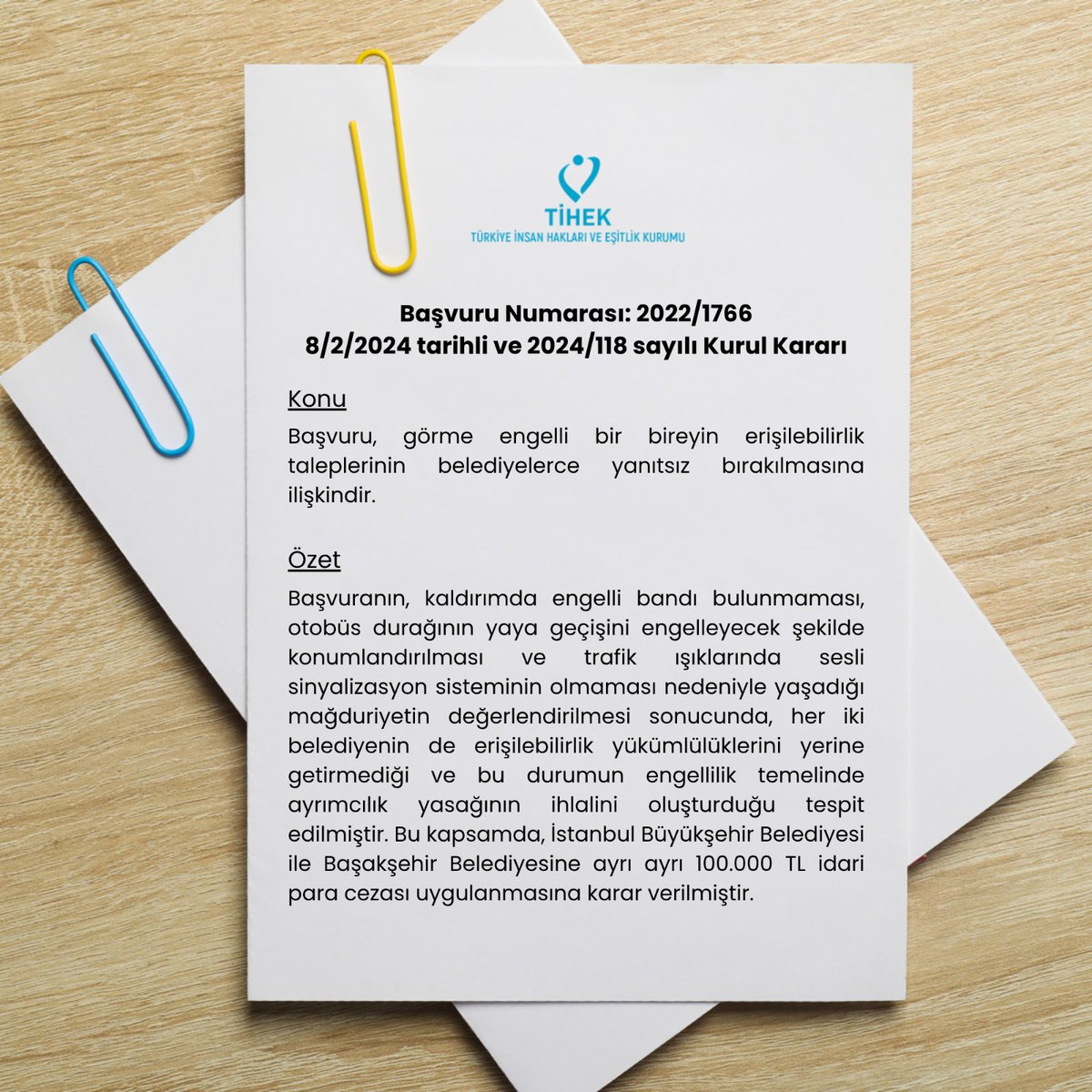 TİHEK 2024/118 SAYILI KURUL KARARI 
"Başvuru, görme engelli bir bireyin erişilebilirlik taleplerinin belediyelerce yanıtsız bırakılmasına ilişkindir."
<a href="/muharremkilic1/">Muharrem KILIÇ 🇹🇷</a> 
#TİHEKKararları #TİHEK #HREIT #İnsanHakları #HumanRights #eşitlik #Ayrımcılık