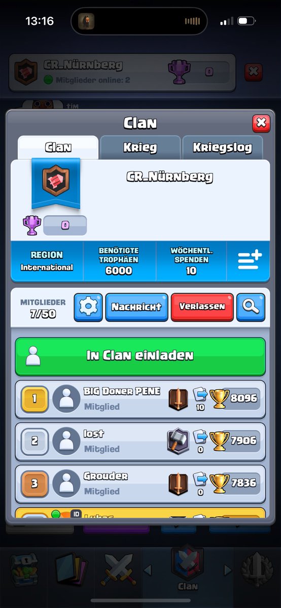 Falls jemand Clash royale clan sucht kommt rein kann auch inviten falls ihr nicht genug Trophäen habt