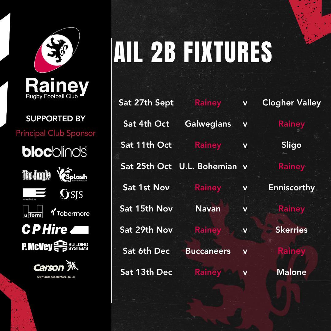 RaineyRFC's tweet photo. The #EnergiaAIL fixtures were released yesterday. The 1st XV start with a home game against Clogher Valley on 27th September before an away game against Galwegians the following week! We look forward to a great season ahead! 🔴⚫️🏉 https://t.co/PpoOW0aJHF