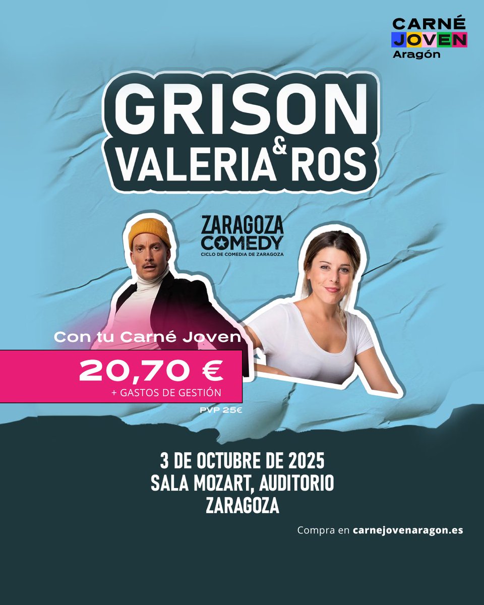 Carné Joven de Aragón (@cjovenaragon) on Twitter photo 🎟️ ¡Ya a la venta! Entradas limitadas con DESCUENTO de #CarnéJoven para el show de Grison y Valeria Ros del <a href="/zaragozacomedy/">ZARAGOZA COMEDY</a>🔥
👉 Si aún no eres titular, solicítalo aquí: carnejovenaragon.es/promociones/pr…
#CarnéJoven #ZaragozaComedy #Grison #ValeriaRos #promocionjoven 🎟️ ¡Ya a la venta! Entradas limitadas con DESCUENTO de #CarnéJoven para el show de Grison y Valeria Ros del <a href="/zaragozacomedy/">ZARAGOZA COMEDY</a>🔥
👉 Si aún no eres titular, solicítalo aquí: carnejovenaragon.es/promociones/pr…
#CarnéJoven #ZaragozaComedy #Grison #ValeriaRos #promocionjoven