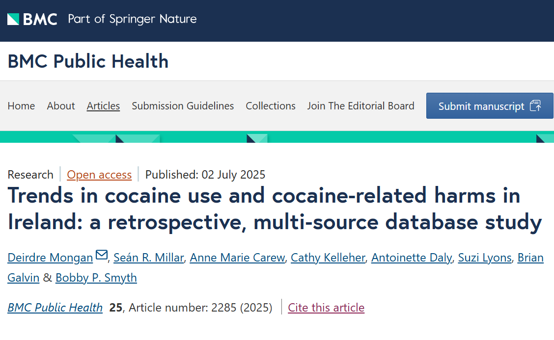 [New open access article] BMC Public Health - Trends in cocaine use and cocaine-related harms in Ireland: a retrospective, multi-source database study drugsandalcohol.ie/43633/