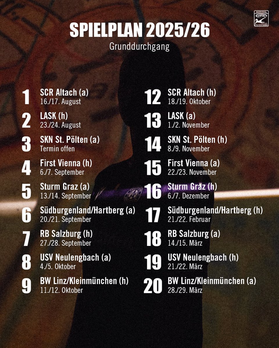 🗓️✍️ Der Spielplan für die <a href="/oefbFrauenBL/">ADMIRAL Frauen Bundesliga</a> ist da!

Die Veilchen starten im Ländle beim <a href="/SCRAltach/">SCR Altach</a> in die neue Saison. 🤝
#faklive #AdmiralFBL
