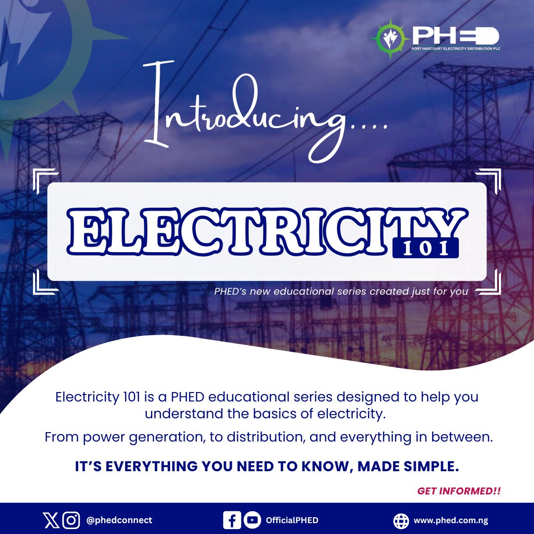PHEDconnect's tweet photo. Introducing ...... ELECTRICITY 101
Electricity 101 is a PHED educational series designed to help you understand the basics of electricity.
IT'S EVERYTHING YOU NEED TO KNOW, MADE SIMPLE.
#Electricity101 #PHEDCares #LearnElectricity #UnderstandingPower #EnergyEducation https://t.co/b2CQ9253f3