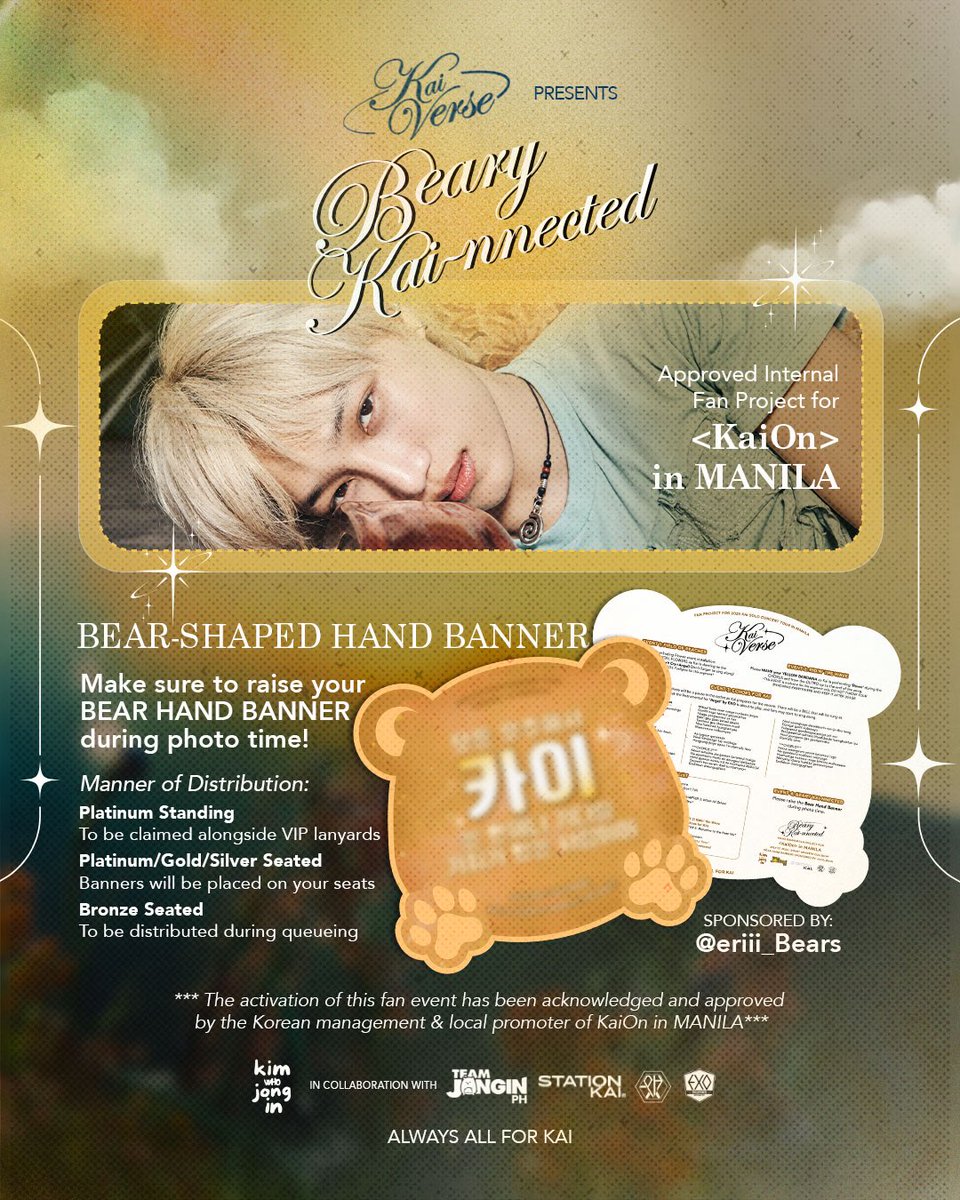 kimwhojongin's tweet photo. KAI represents a what? 🤎🧸

Revealing the next approved fan project, the BEAR HAND BANNER for all you! 🤗

During photo time, do not forget to raise it and smile widely together with KAI. 🥰

Manner of distribution for the hand banners are stated below. Please always be guided. 

ALWAYS ALL FOR KAI
#KAI #카이 #EXO #엑소 
#KAION #KAI_SOLO_CONCERT_TOUR
#2025_KAI_SOLO_CONCERT_TOUR_KAION
#KAIinMANILA2025
@weareoneEXO @pulpliveworld