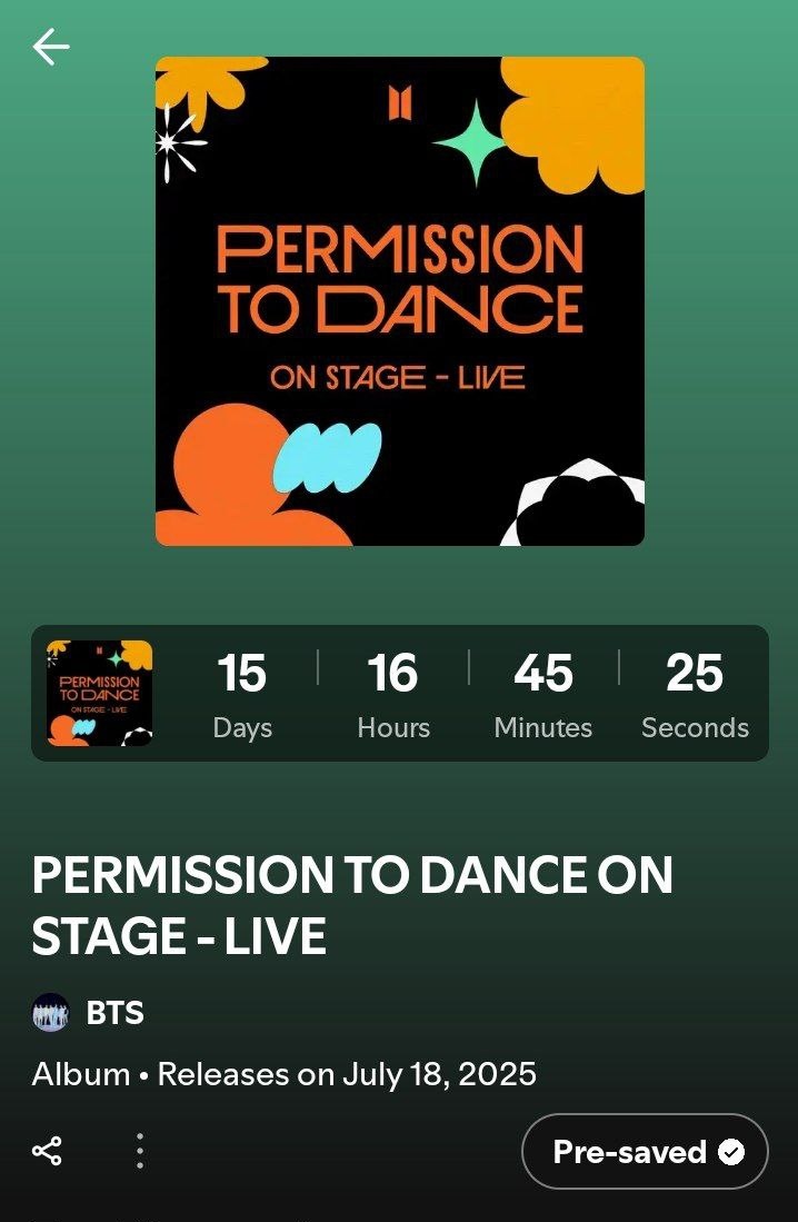 آرمی آلبوم Permission To Dance On Stage- Live رو از اسپاتیفای هم‌ پری‌سیو کنید :

🔗 open.spotify.com/prerelease/358…

🗓 زمان انتشار: جمعه 27 تیر (18 جولای) ساعت 7:30 صبح
