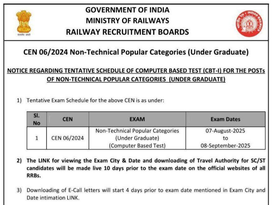 CivilsNetwork's tweet photo. 🚨 RRB NTPC Undergraduate Exam Date Out: 7 Aug to 8 Sep 2025
#RRB #RRBNTPC #RRB_NTPC #NTPC https://t.co/7ivC9ZRceO