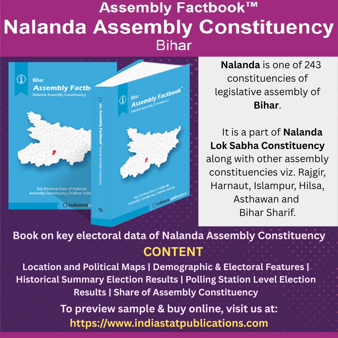 Indiastats's tweet photo. 📘𝗔𝘀𝘀𝗲𝗺𝗯𝗹𝘆𝗙𝗮𝗰𝘁𝗯𝗼𝗼𝗸™ of Nalanda Assembly Constituency (#Bihar) – 𝟮𝟬𝟮𝟱 𝗘𝗱𝗶𝘁𝗶𝗼𝗻

#Nalanda Assembly Constituency Level #Book includes:
🗳️ #Demographics
🗺️ #ConstituencyMaps
📊 Past #Electionresults

𝗢𝗿𝗱𝗲𝗿 Now 👉 https://t.co/ODyZvIEtct

 #BiharChunav https://t.co/PhvvR6Y9v9