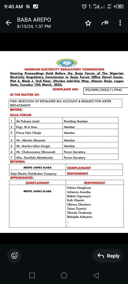 Ihavefoundit's tweet photo. @NERCNG shud pls help. This is an SOS MSG. @IkejaElectric has not only refused 2 obey Forum ruling but has also unjustly disconnected me 2 victimize me pls see attached proof. Residence stil disconnected &amp; IE refused to close d new account as ordered by NERC. IMPUNITY OF HIGHEST https://t.co/RR5X2sYbyH