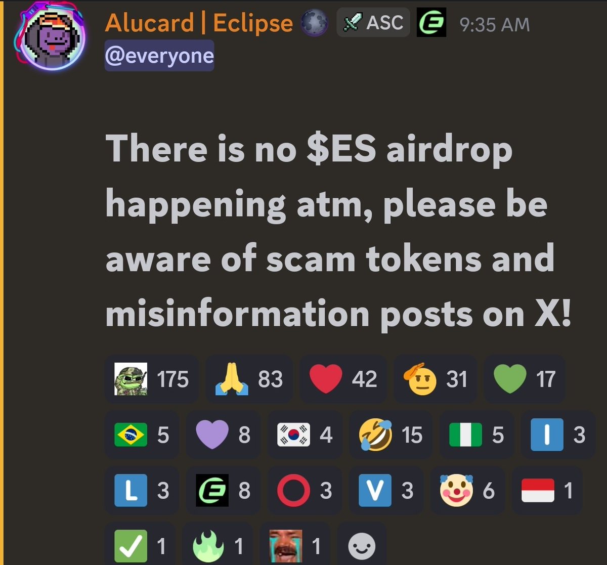 Defi Avenue (@avenue_defi) on Twitter photo The <a href="/EclipseFND/">Eclipse (🐮,🌑)</a> token didn’t come through, it got scammed 😃
There’s a token being sent to users’ wallets from the following address:
airJ6sHEyqKC6KvyqfAZHo22BoWBpmFM8hyKdXpDE48
Right after, Alucard came out and said this token isn’t $ES and don’t get FOMO, it’s a scam!
You The <a href="/EclipseFND/">Eclipse (🐮,🌑)</a> token didn’t come through, it got scammed 😃
There’s a token being sent to users’ wallets from the following address:
airJ6sHEyqKC6KvyqfAZHo22BoWBpmFM8hyKdXpDE48
Right after, Alucard came out and said this token isn’t $ES and don’t get FOMO, it’s a scam!
You
