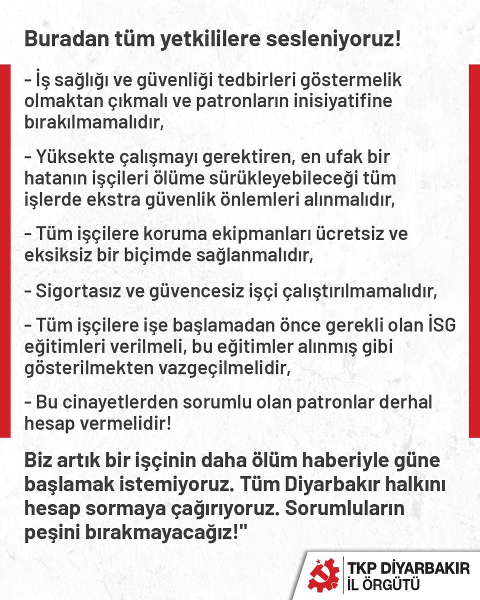 diyarbakir_tkp's tweet image. İŞÇİ KATİLLERİNDEN HESAP SORACAĞIZ!
#Diyarbakır