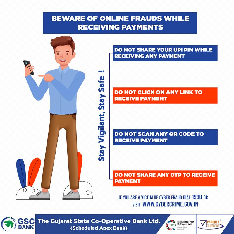 GSCBank's tweet photo. BEWARE OF ONLINE FRAUDS WHILE RECEIVING PAYMENTS. PROTECT YOURSELF FROM SCAMS.
IF YOU ARE A VICTIM OF CYBER FRAUD DIAL 1930 or VISIT: https://t.co/dhIi6qPytN
#gscb #cybercrime #cyberattack #nevershare #phishing #BeAwareBeSafe #awareness
#BeVigilant #BeSecure #scam https://t.co/yPF63sibvI