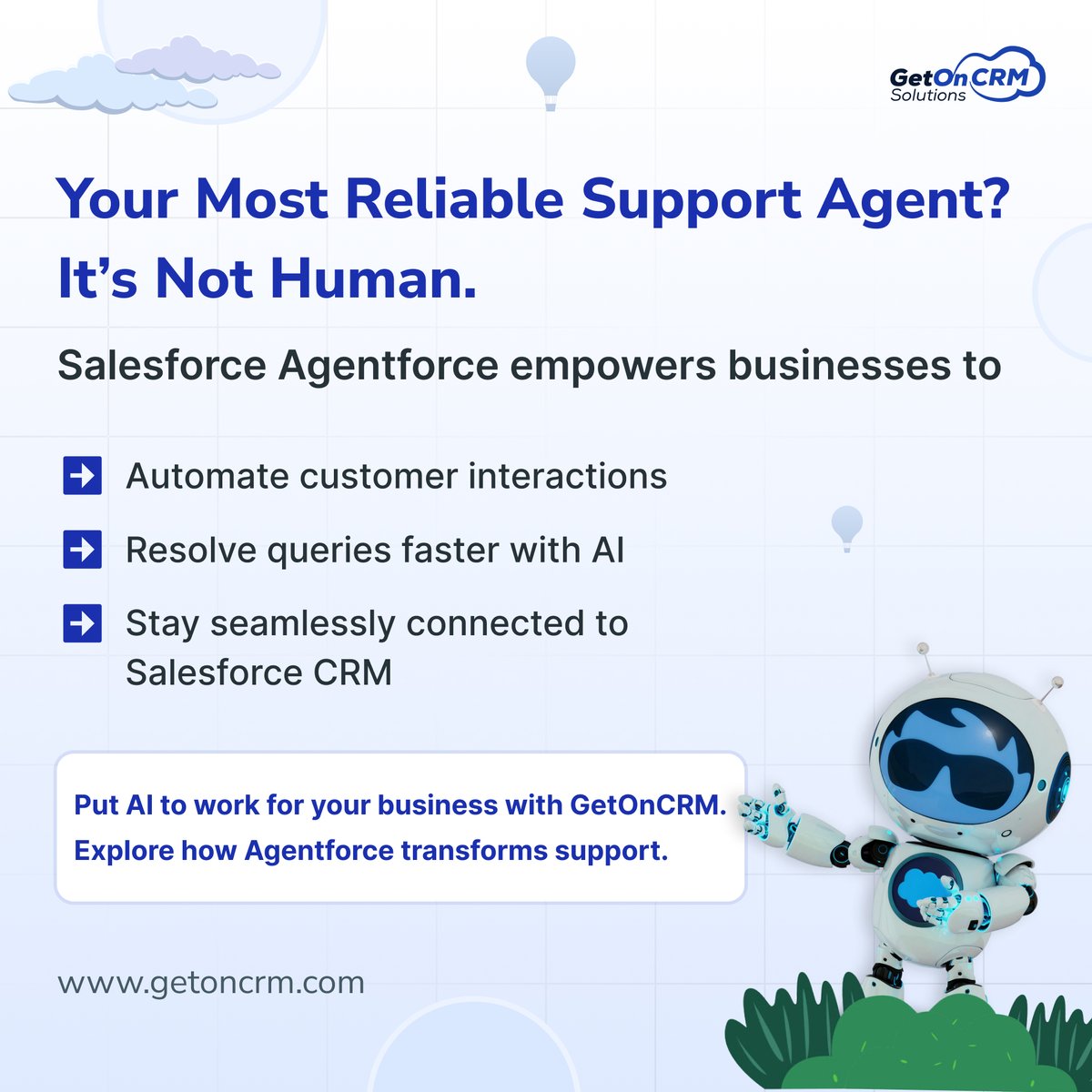 Your next best support agent? Not human.
🤖 Meet <a href="/agentforce/">Salesforce Agentforce</a>, <a href="/salesforce/">Salesforce</a> -powered AI that:
✔️ Automates replies
✔️ Speeds up support
✔️ Works 24/7
🧠 Ready to put AI to work?
🔗 getoncrm.com/salesforce-age…

#Agentforce #SalesforceAI #AIChatbots #GetOnCRM #CXAutomation