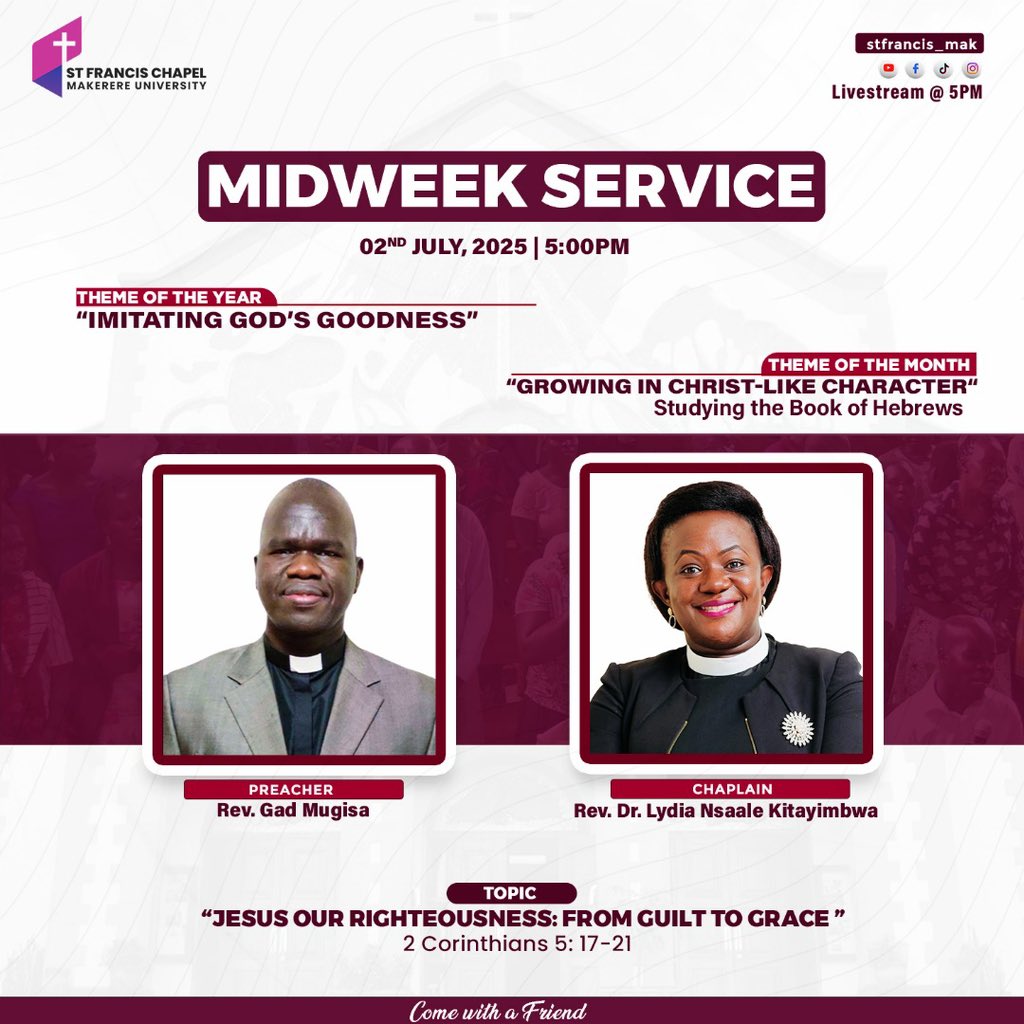 Praise God brethren! Join us  for our Midweek Service that starts at 5pm that's both Physical and online on all our online Platforms. Thank you and God bless you.