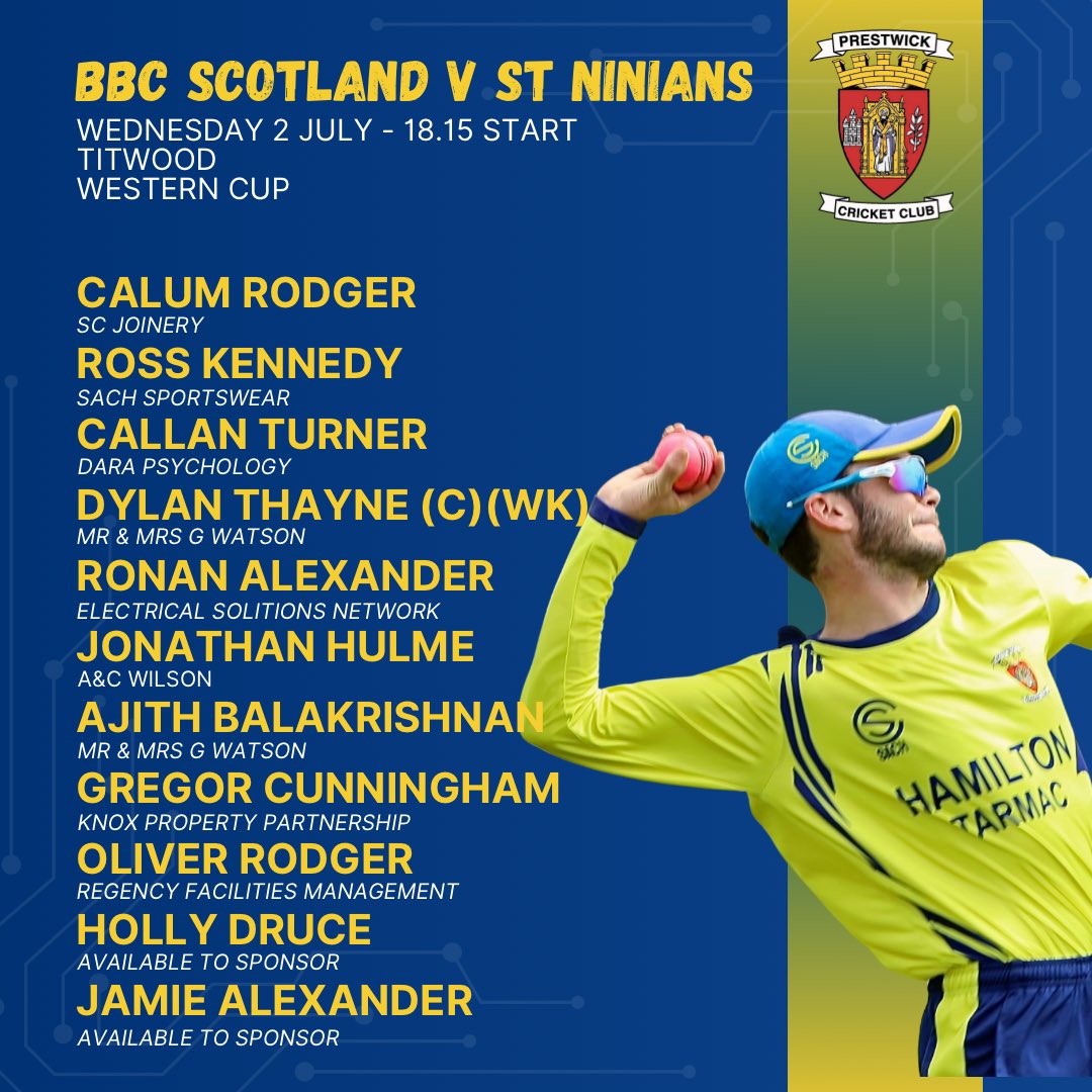 🏏 GAME DAY

St Ninians travel to Titwood tonight to face BBC Scotland, aiming to qualify to the Western Cup knockout stages as group winners. 

Live scorecard: wdculive.com/match/137111-7…

#MTW