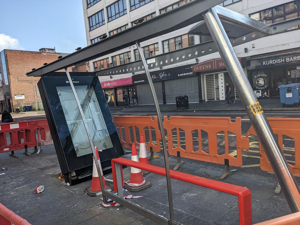 The 10J bus stop in Queen St wrecked today.