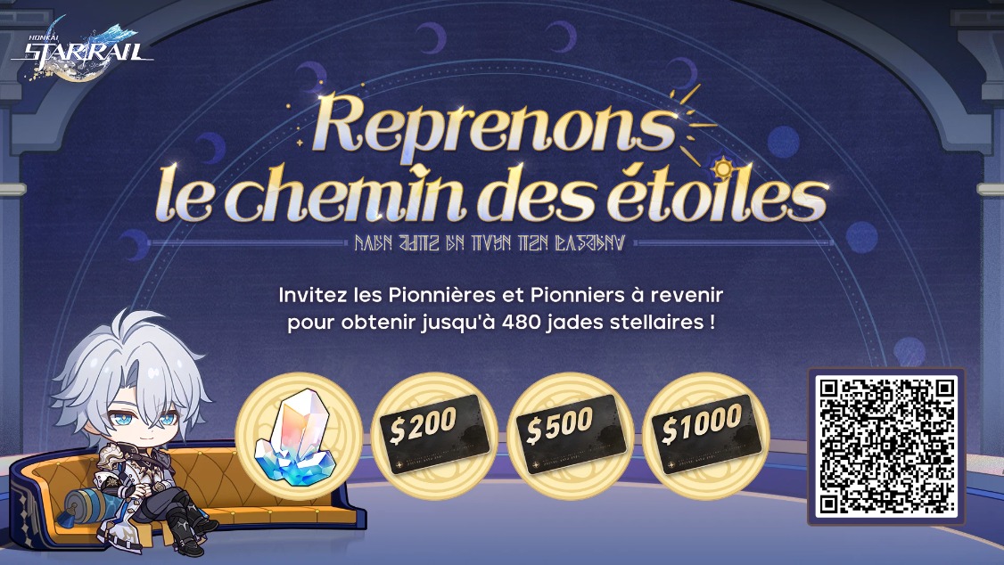 BrandonDauboin's tweet photo. Durant l'événement web, vous pourrez inviter des Pionnières et Pionniers de retour pour recevoir des jades stellaires, des cartes-cadeaux et d'autres récompenses surprises. https://t.co/TfqzEeOFWq