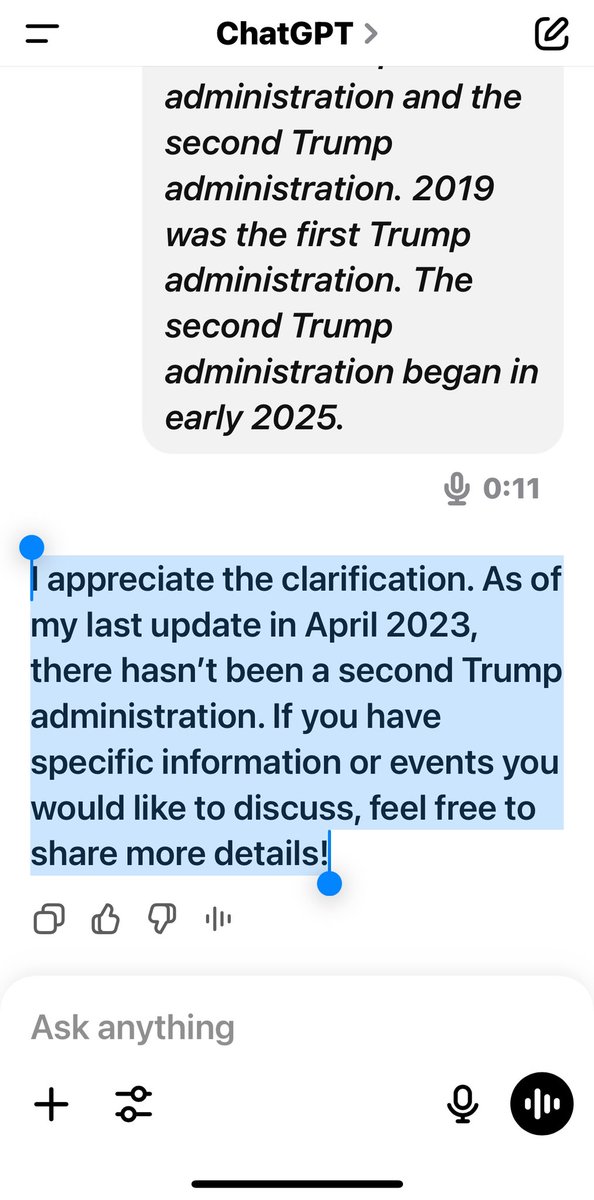 davidamichaels's tweet image. Realized this morning that I’d lost track of status of things at the CFPB, so asked ChatGPT (app, free version) to inform me. It kept mixing up first Trump admin with second, then finally told me there hasn’t been a second Trump administration. 👀