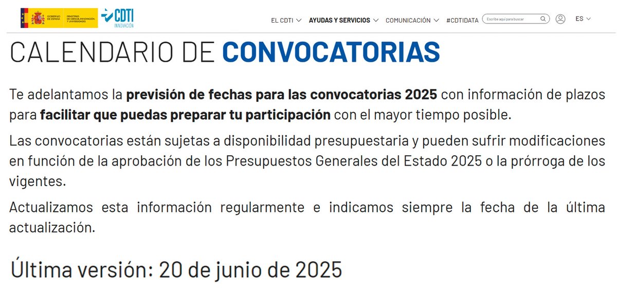 @CDTI_innovacion (@cdti_innovacion) on Twitter photo 🔎 Recuerda que puedes consultar el CALENDARIO ACTUALIZADO DE CONVOCATORIAS 2025 del
<a href="/CDTI_innovacion/">@CDTI_innovacion</a> en la sección AYUDAS Y SERVICIOS del portal ▶️ cdti.es
#AyudasCDTI #AyudandoCrearFuturo #innovacion #tecnologia #convocatoria #empresa #transparencia 🔎 Recuerda que puedes consultar el CALENDARIO ACTUALIZADO DE CONVOCATORIAS 2025 del
<a href="/CDTI_innovacion/">@CDTI_innovacion</a> en la sección AYUDAS Y SERVICIOS del portal ▶️ cdti.es
#AyudasCDTI #AyudandoCrearFuturo #innovacion #tecnologia #convocatoria #empresa #transparencia