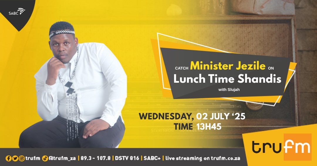 trufm's tweet image. Minister Jezile joins us on #Representer  

We’re diving into his brand-new single “Wawukuphi” and his journey in the music scene. 

#LunchTimeShandis