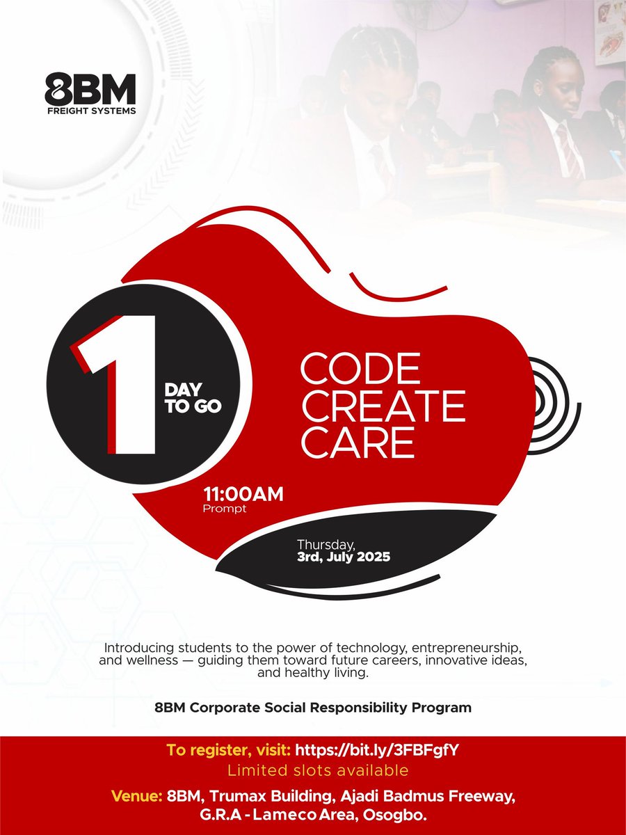 8BMFreight's tweet photo. 1 DAY TO GO❗❗
Tomorrow is the day!
We are more than excited and can't wait to see you tomorrow.
Come ready to learn and have fun while at it
Click the link below to register now
https://t.co/jchrHtHVTB
#8BM #8BMfreight #codecreatecare https://t.co/JN2o3K7Yt0