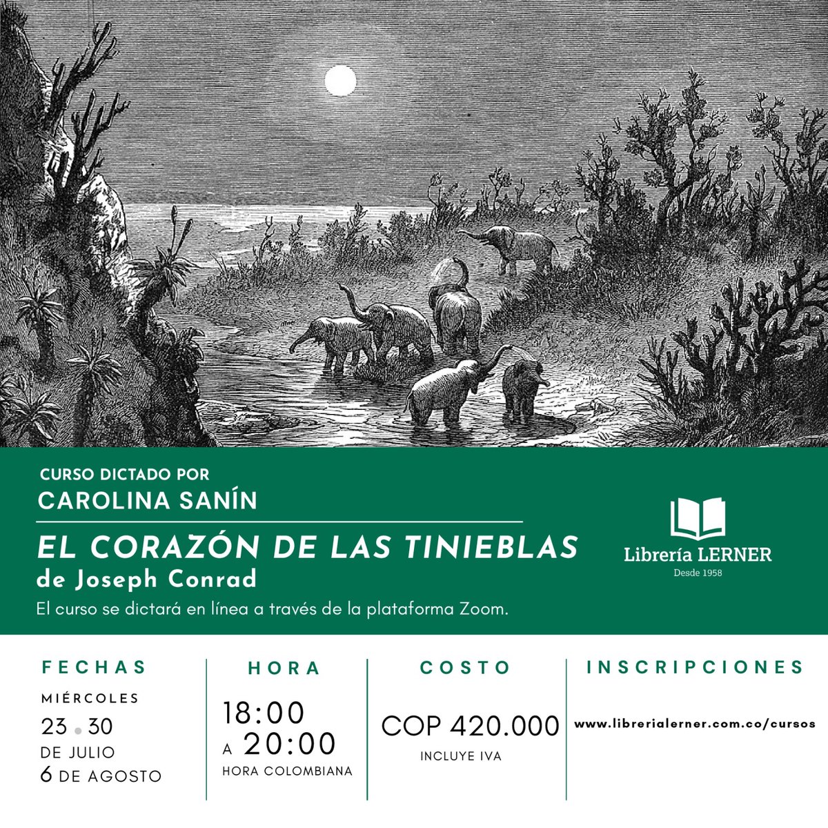 Anunciamos nuestro próximo curso, de tres sesiones, por Zoom, sobre EL CORAZÓN DE LAS TINIEBLAS (aunque prefiero “de la oscuridad”) de Joseph Conrad.
Vengan, vengan. 
Inscripciones aquí: librerialerner.com.co/curso-el-coraz…