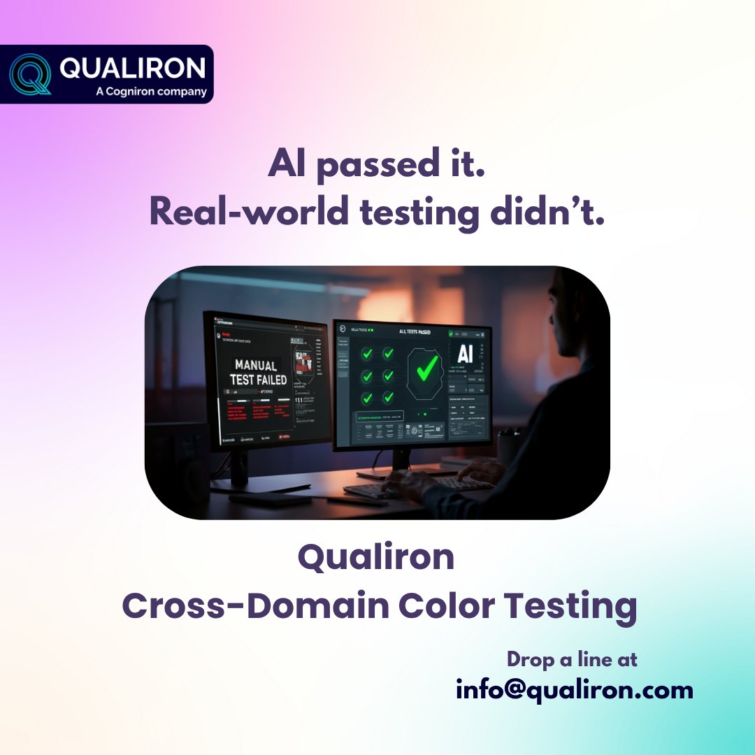qualiron's tweet image. Color accuracy isn&apos;t just digital—it’s contractual. Generic AI misses real-world shade. Qualiron’s Cross-Domain Color Testing simulates how color behaves across substrates, lighting &amp;amp; standards. See how we test beyond hex codes: qualiron.com/qa-services/ar… #ColorTesting #AIValidation