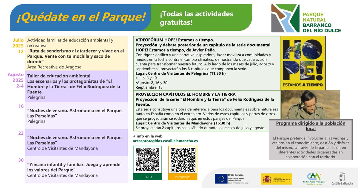 Este verano, #QuédateEnElParque 🌿
Rutas al atardecer, estrellas, talleres, cine ambiental y más en el Parque Natural del Río Dulce.
Actividades gratuitas para todos los públicos.
📍 + info e inscripciones: areasprotegidas.castillalamancha.es/ventana-del-vi…
@ADEL_SierraNorte