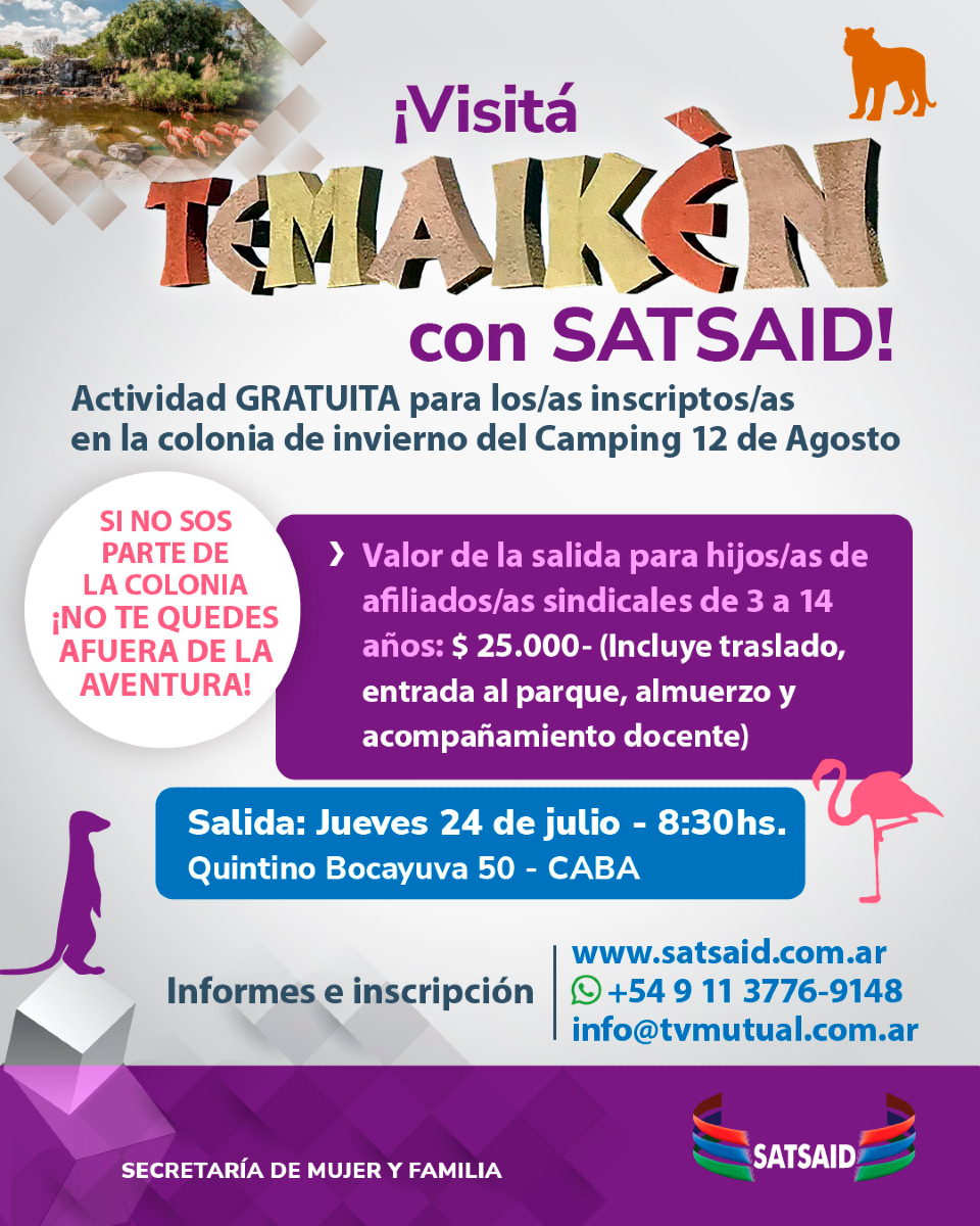🇬🇲🦒 AMBA: VISITÁ TEMAIKÉN CON EL SATSAID

🌟 Actividad gratuita para quienes estén inscriptos/as en la colonia de invierno del Camping 12 de Agosto.

¿No estás en la colonia? ¡También podés sumarte! 👉 Valor: $25.000

Info e inscripciones 👇
f.mtr.cool/kaifzekxfe