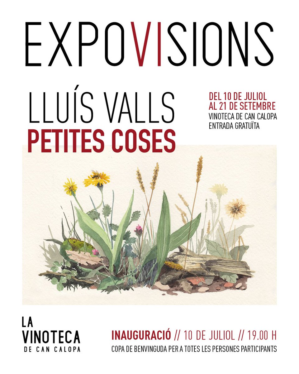 L'Olivera (@olivera_coop) on Twitter photo 😍Tornen les #ExpoVisions a Can Calopa amb la mostra del pintor Lluís Valls, "Petites Coses". Gràcies a l'aquarel·la l'artista recull les imatges més senzilles amb gran detall.
INAUGURACIÓ:
10 de juliol / 19 h / Can Calopa
🎟️Entrada gratuïta amb copa de vi.
T'ho perdràs?🖌️ 😍Tornen les #ExpoVisions a Can Calopa amb la mostra del pintor Lluís Valls, "Petites Coses". Gràcies a l'aquarel·la l'artista recull les imatges més senzilles amb gran detall.
INAUGURACIÓ:
10 de juliol / 19 h / Can Calopa
🎟️Entrada gratuïta amb copa de vi.
T'ho perdràs?🖌️