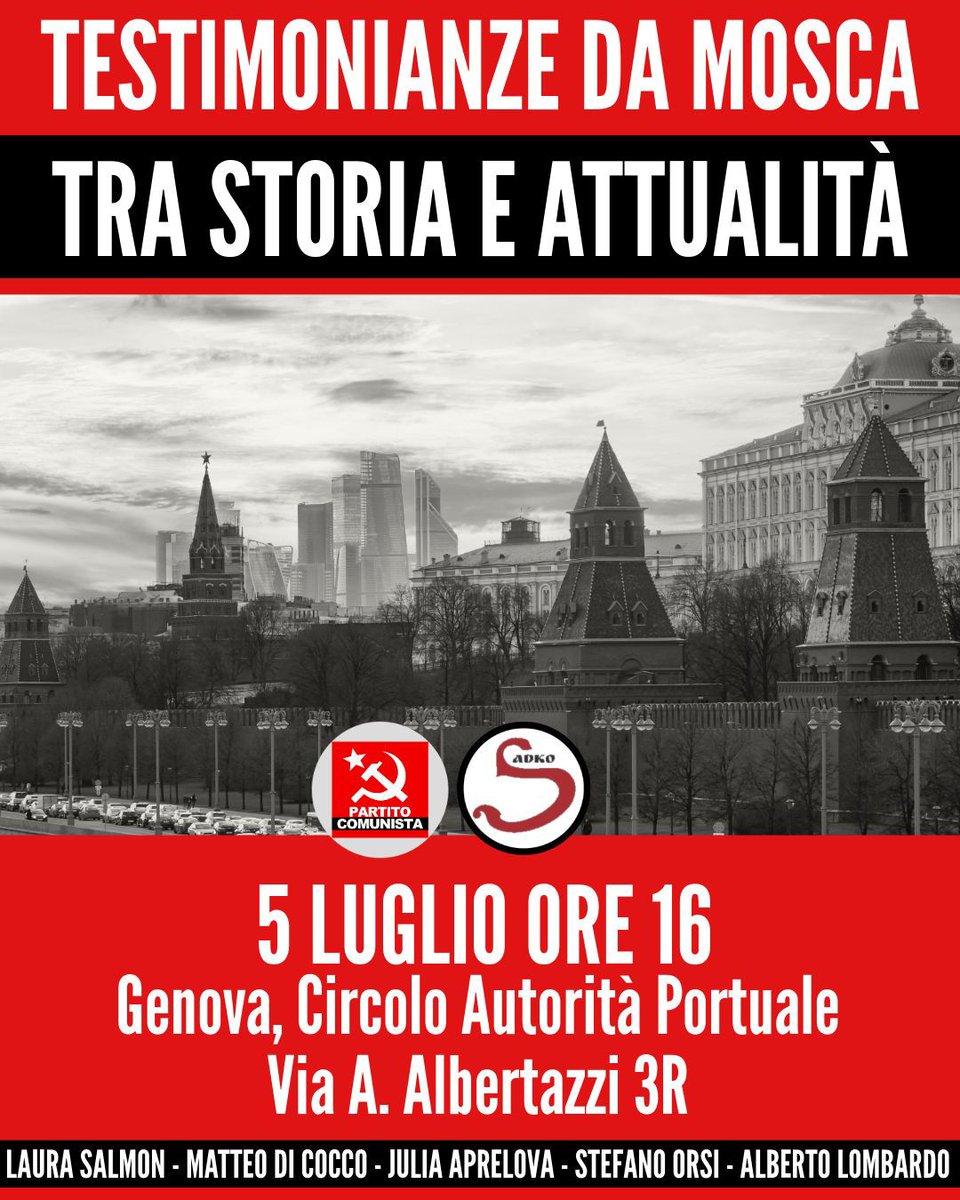Sandro Teti Editore (@sandrotetied) on Twitter photo 📘Presentazione del libro "C'era una volta l'Urss. Storia di un amore" di Laura Salmon
🗓️ sabato 5 luglio
⏰ore 16
📍 Genova, Circolo Autorità Portuale – via A. Albertazzi 3R
🎙️Laura Salmon, Matteo di Cocco, Julia Aprelova, <a href="/StefanoOrsi12/">Stefano Orsi</a>, Alberto Lombardo 📘Presentazione del libro "C'era una volta l'Urss. Storia di un amore" di Laura Salmon
🗓️ sabato 5 luglio
⏰ore 16
📍 Genova, Circolo Autorità Portuale – via A. Albertazzi 3R
🎙️Laura Salmon, Matteo di Cocco, Julia Aprelova, <a href="/StefanoOrsi12/">Stefano Orsi</a>, Alberto Lombardo