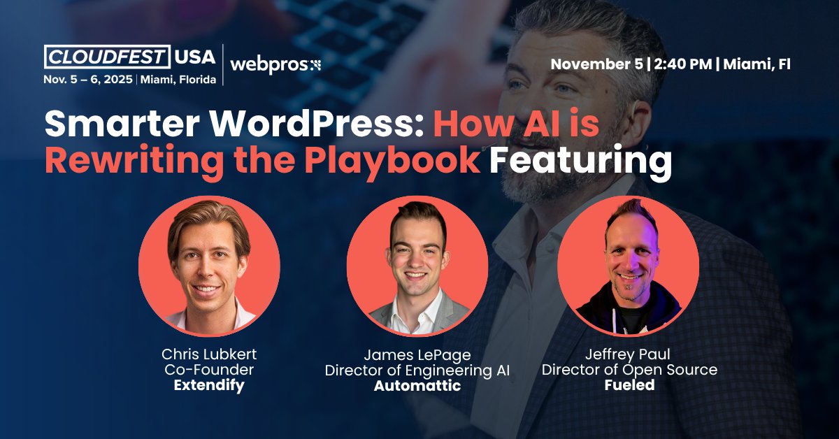 AI is rewriting the WordPress playbook.

Join <a href="/chrislubkert/">Chris Lubkert</a> (<a href="/extendifyinc/">Extendify</a>), <a href="/jameswlepage/">James LePage</a> (<a href="/automattic/">Automattic</a>), and <a href="/jeffpaul/">Jeffrey B. Paul</a> (<a href="/Fueled/">Fueled</a>) to explore how AI is transforming content creation, performance, personalization, and analytics. 

Check the mainstage agenda: eu1.hubs.ly/H0kZyzD0