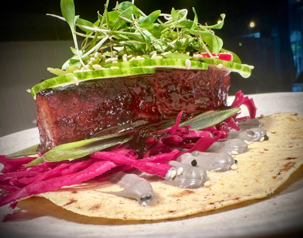 squarebistro's tweet photo. Our amazing pork taco- pork belly marinated in our very own char Sui pork marinade then slow cooked for 4 hours, pressed and then the char Sui glaze made from the marinade, served on a corn taco with black sesame mayo, pickled cabbage, cucumber &amp; chilli. #amusttry #proper https://t.co/tIiceLo0Rg