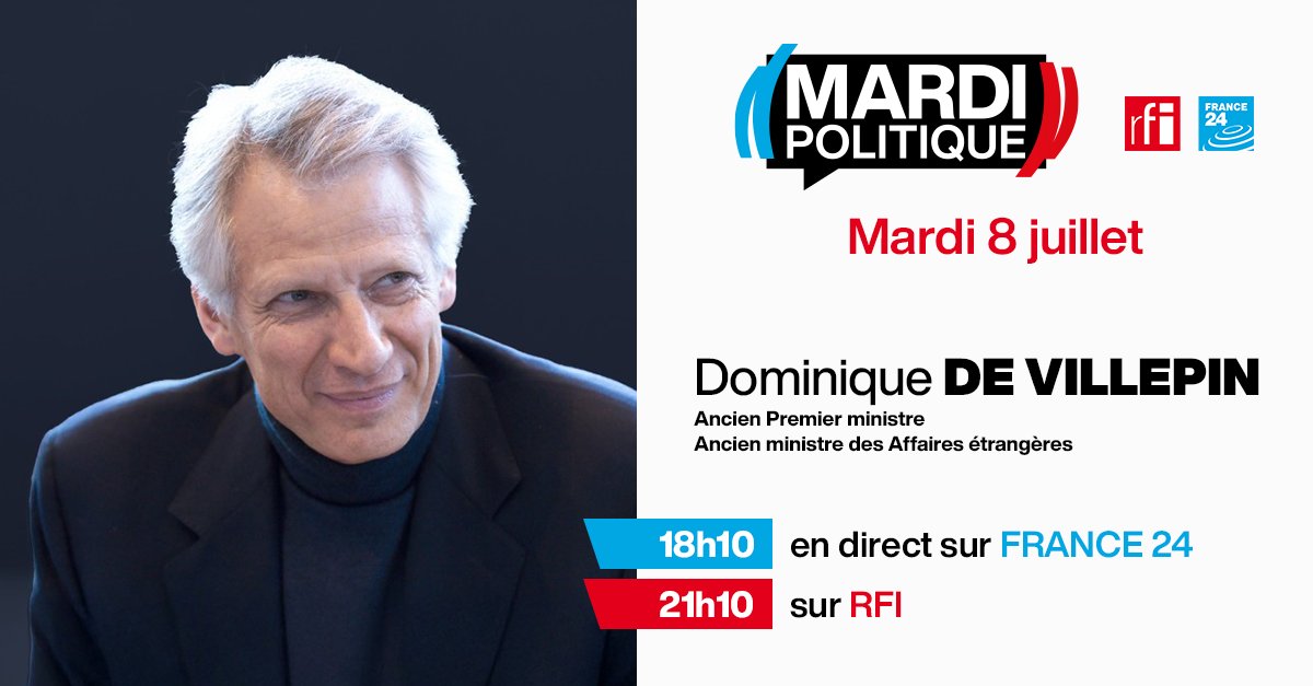 🎙 Dominique de <a href="/Villepin/">Dominique de Villepin</a>, ancien Premier ministre, ancien ministre des Affaires étrangères, sera l'invité de #MardiPol demain sur <a href="/FRANCE24/">FRANCE 24</a> à 18h10 et <a href="/RFI/">RFI</a> à 21h10

Il répondra aux questions de <a href="/FredRiviereRFI/">Frédéric Rivière</a> et <a href="/RoselyneFebvre/">Roselyne Febvre</a>