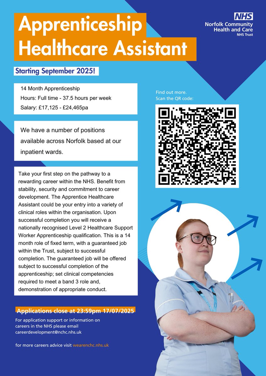 ⭐Apprenticeship Opportunity⭐

Looking for a career in #healthcare?

<a href="/NCHC_NHS/">NCH&C</a> are recruiting #Apprentice Healthcare Assistants roles across #Norfolk!

Applications close 17th July 2025.

Apply here➡️tinyurl.com/ycxcm3ub

<a href="/ApprenticeCCN/">CCN Apprenticeships</a> 

#NHScareers