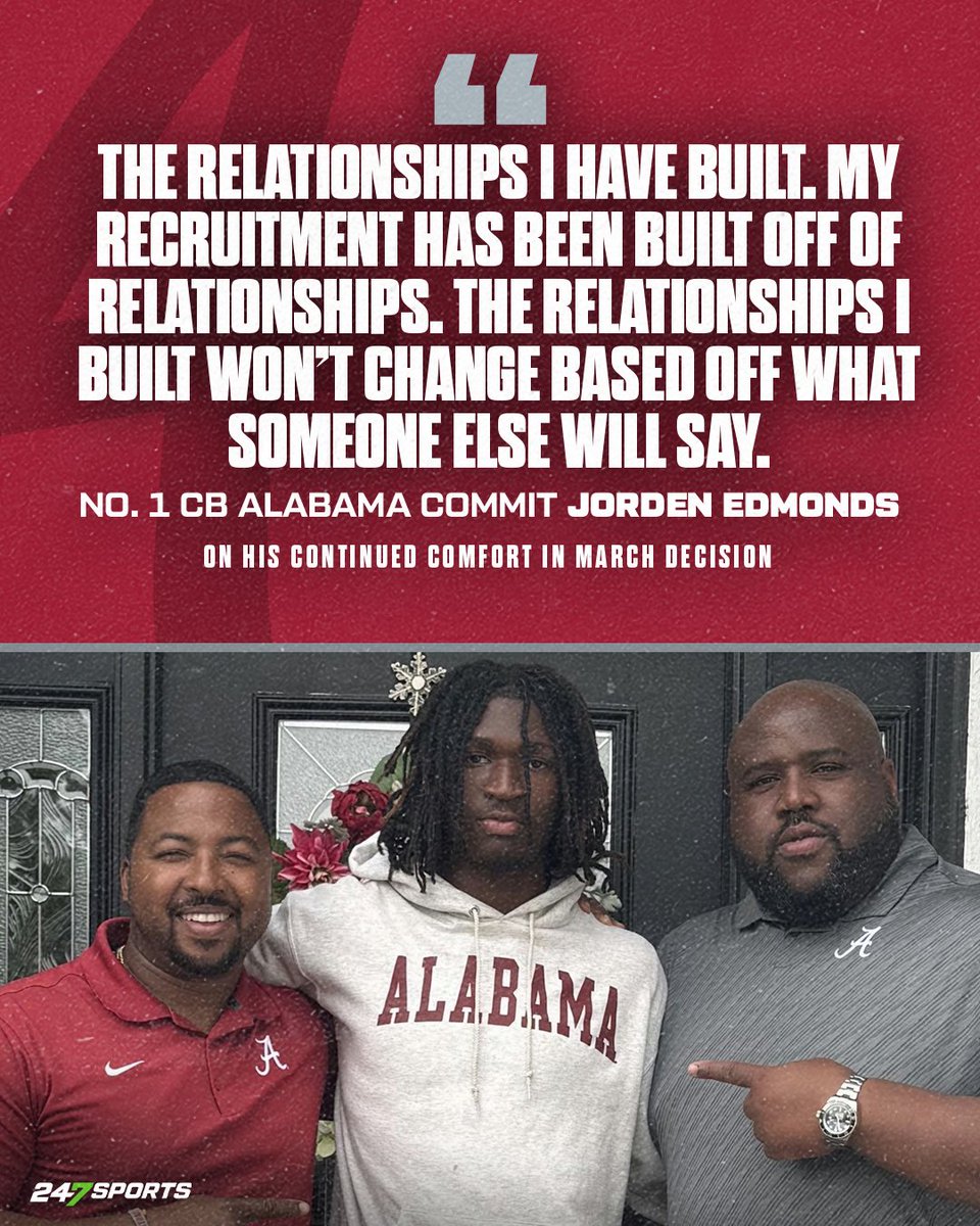 No. 1 CB Jorden Edmonds made the hour trip &amp; tossed on his Alabama bucket hat for No. 1 LB Xavier Griffin’s commitment.
 
• Latest thoughts on 2026 class 📈
• Detailing ‘crazy’ OV photo shoot feelings 🐘
• DB room talk 👀

‘We are not done…’

MORE: bit.ly/3GpQB2X
