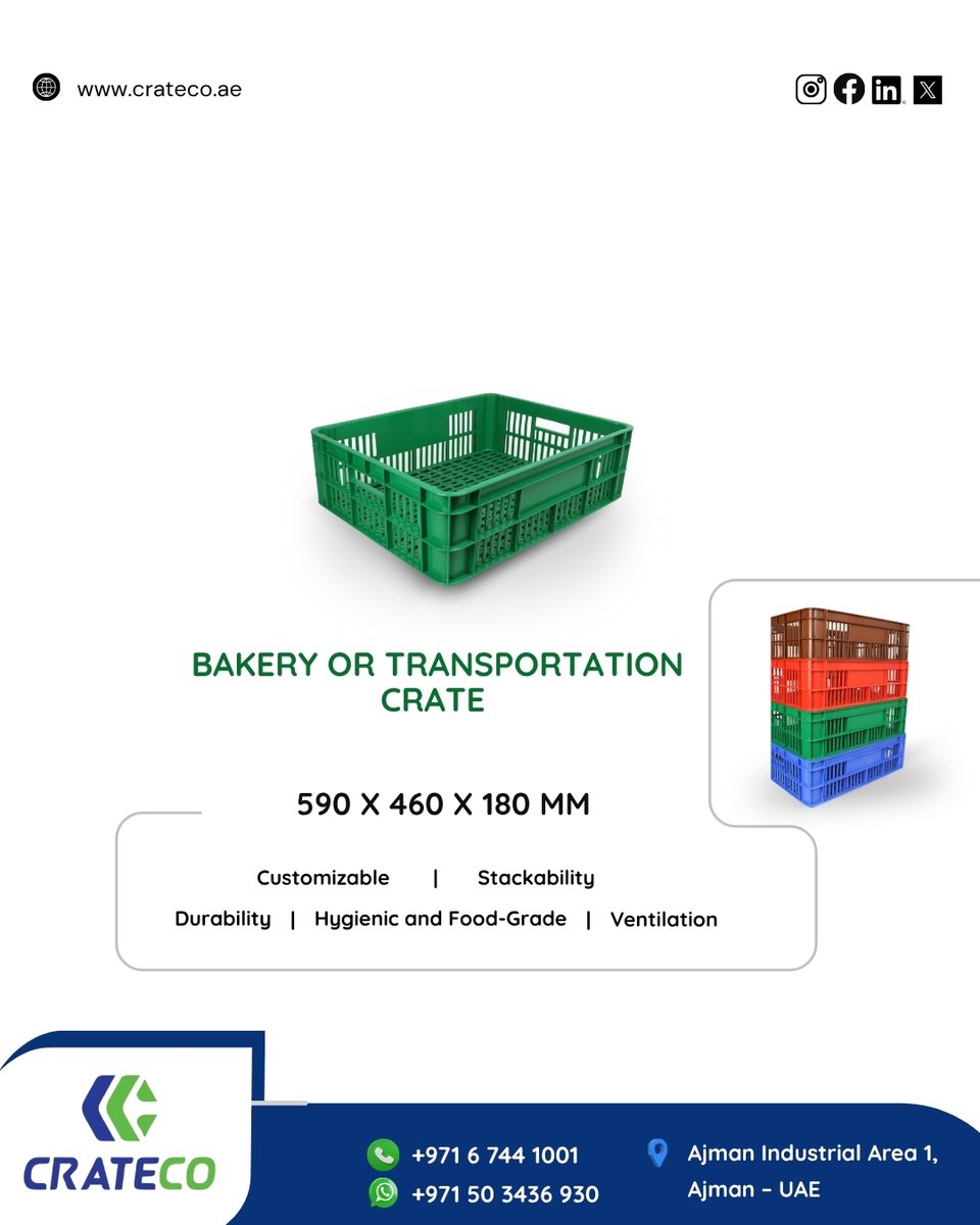 CratecoPack's tweet photo. Perfectly Stored.

Choose the Bakery/Transportation Crate – ideal for hygienic, ventilated, and stackable handling.
.
CRATECO PACK LLC, https://t.co/jImzIv8zQB

+971 6 744 1001 | +971 50 3436 930
Ajman Industrial Area 1, Ajman – UAE
.
#bakerycrates #crates #transportationcrates https://t.co/VeuxRdtXf2